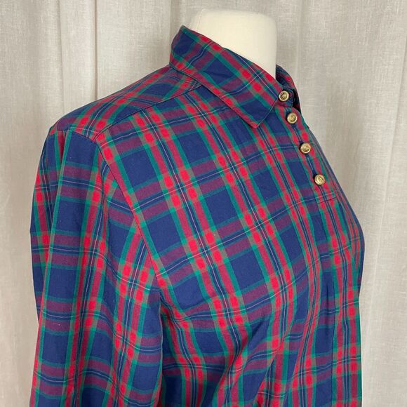 Vintage Blouse Womens Size 10 Red Blue Plaid Tartan Long Sleeve Henley Button - Picture 6 of 14